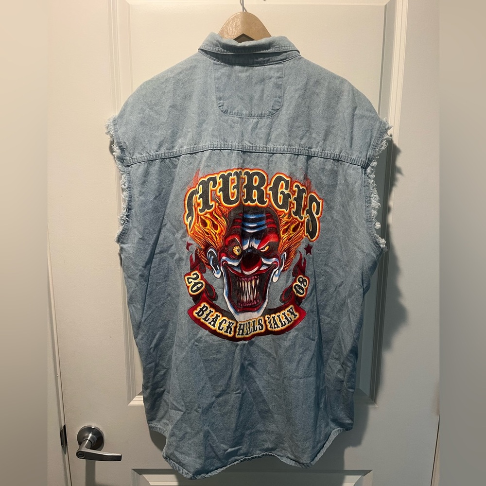 Sturgis Denim Sleeveless Shirt with Clown Graphic
